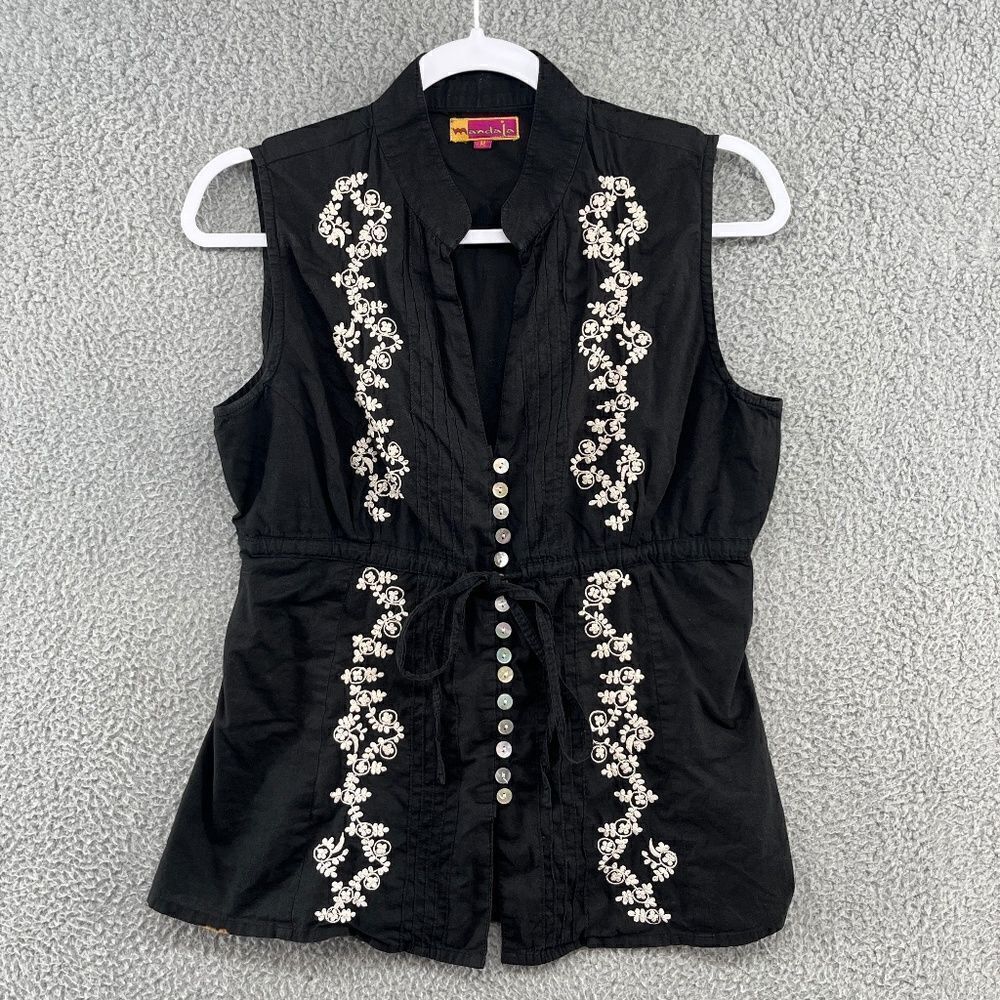Mandala Blouse Sleeveless Boho Embroidered Floral Cotton Button Front Vest Top